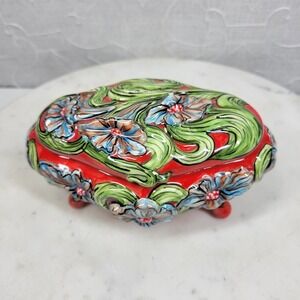Iris Trinket Box Hand Painted Ceramic Footed Floral Signed BK 2009 Jewelry Dish